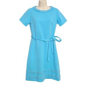 Vintage Dress City Scene 60s 70s Blue Small Short Sleeve Lace Tie Waist